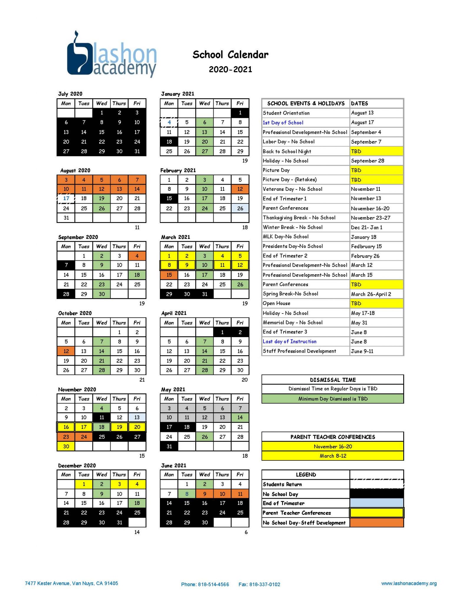 School Calendar (City) – Lashon Academy
