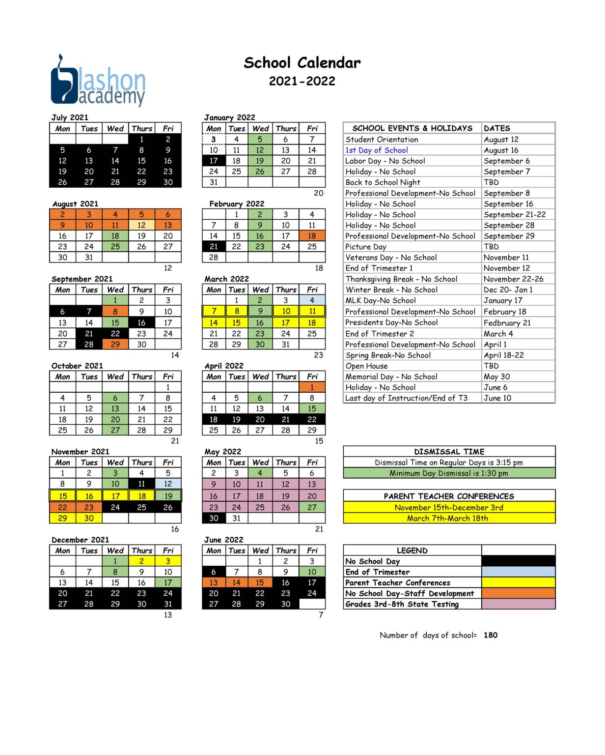 School Calendar Lashon Academy