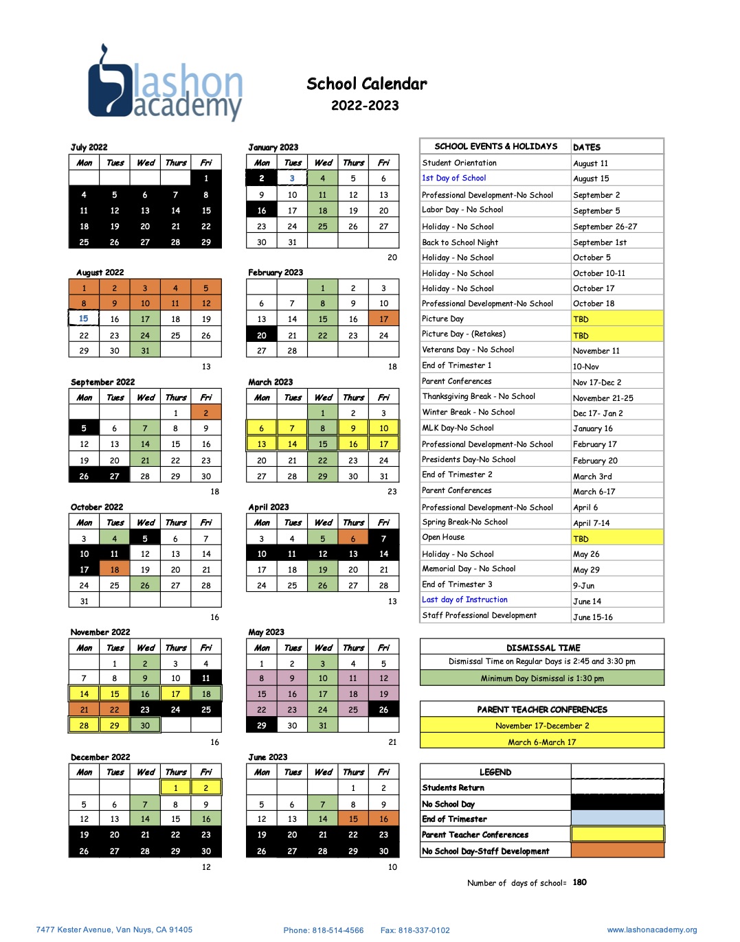 School Calendar (City) Lashon Academy