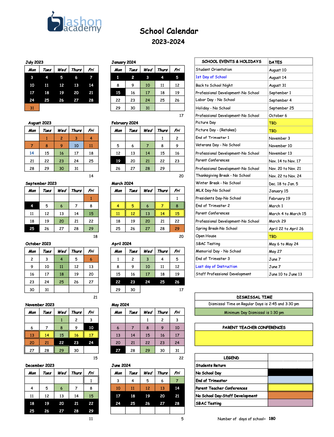 School Calendar – Lashon Academy