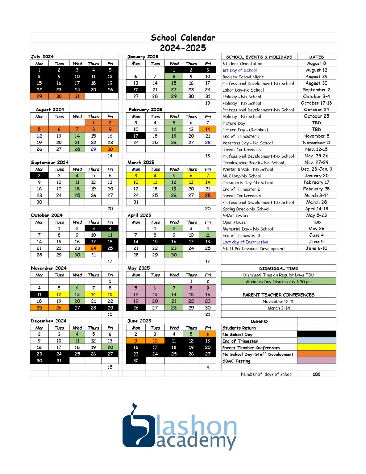 School Calendar Lashon Academy